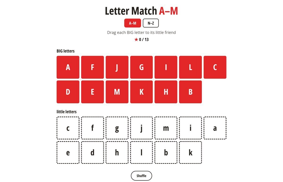 Letter Match game screen with red blocks of big letters above dashed boxes of little letters