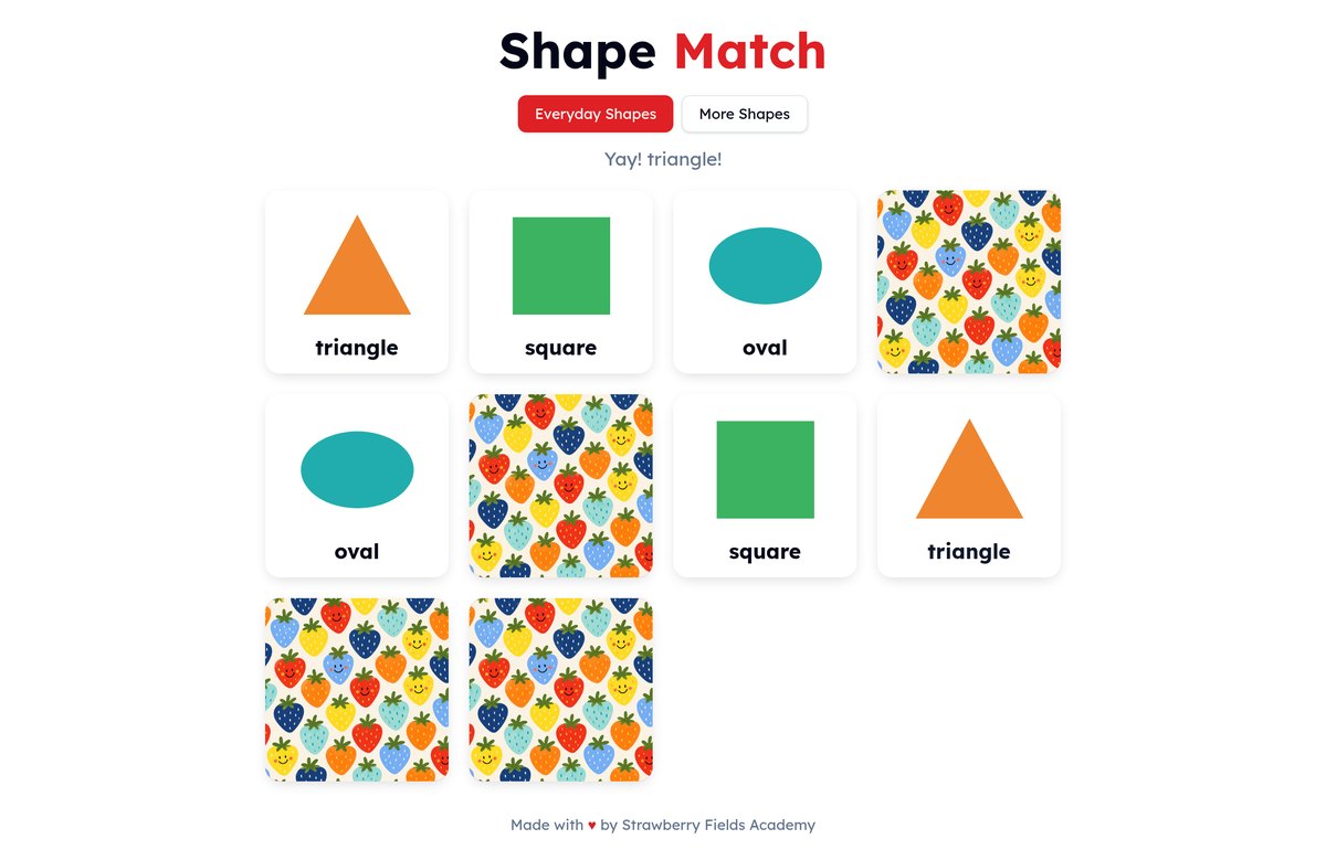 Shape Match memory game screen with cards turned up showing a triangle, square and oval beside cards face down in a strawberry pattern